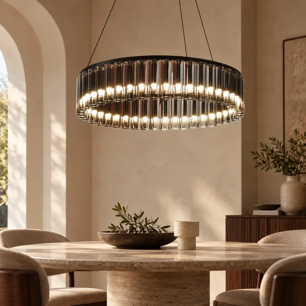 Glass Tube Ring Chandelier, 70 or 85 cm in silver — front view