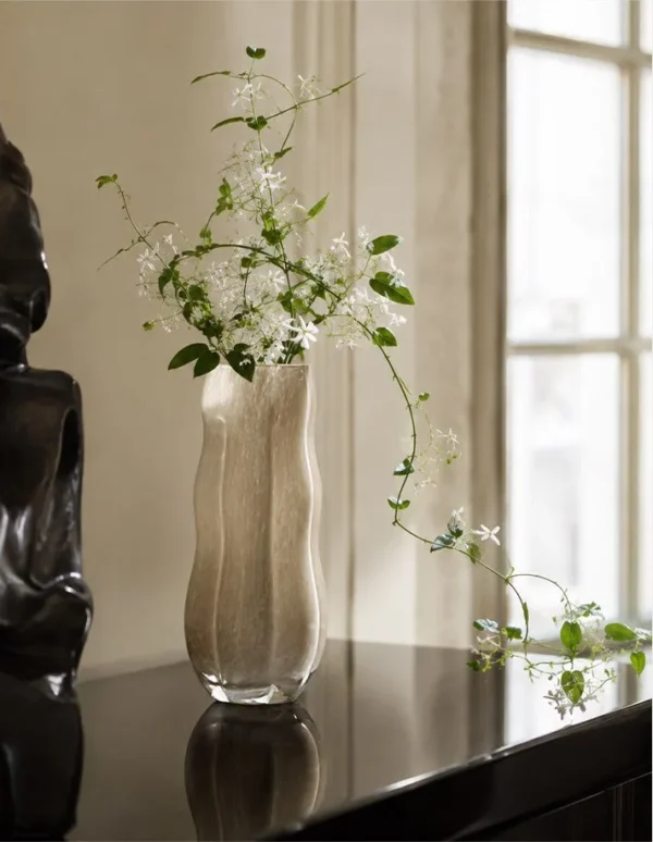 Jade-Effect Rippled Glass Vase in Cream, Medium or Large — in a room setting