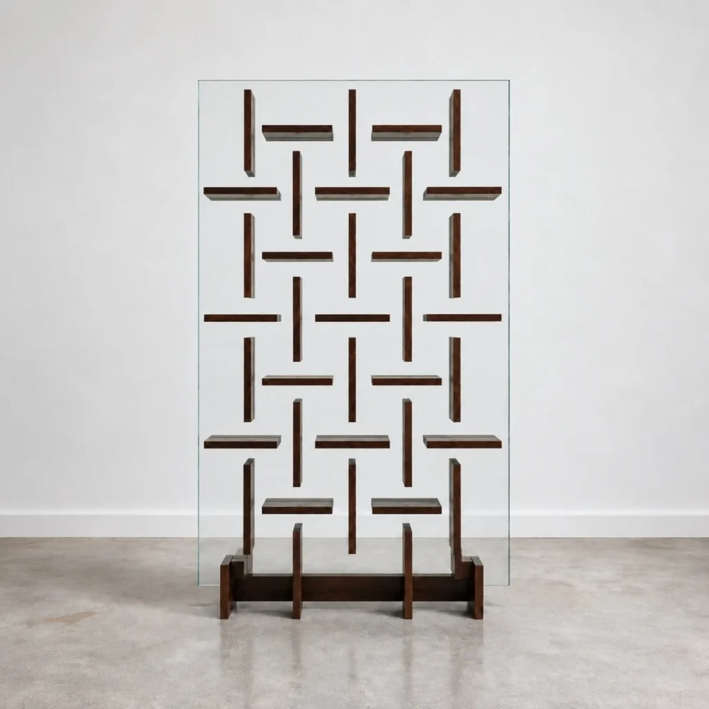 Glass and Walnut Lattice Display Shelf in walnut — front view