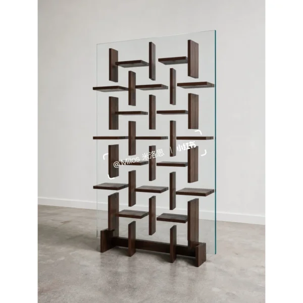 Glass and Walnut Lattice Display Shelf in walnut — in a room setting