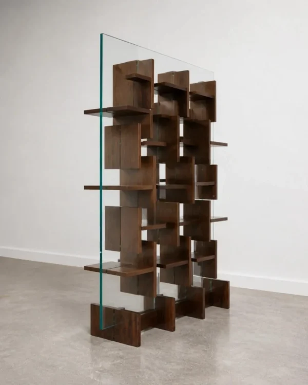 Glass and Walnut Lattice Display Shelf in walnut — in a room setting