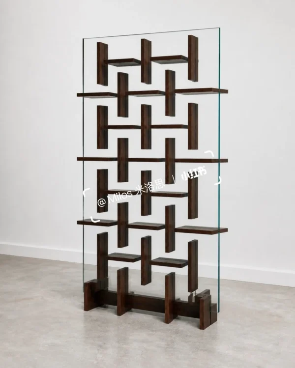 Glass and Walnut Lattice Display Shelf in walnut — in a room setting