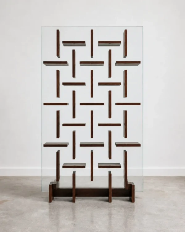 Glass and Walnut Lattice Display Shelf in walnut — in a room setting
