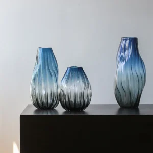 Blue Gradient Ribbed Glass Vases for Peonies, Three Forms in blue — front view