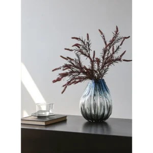 Blue Gradient Ribbed Glass Vases for Peonies, Three Forms in blue — in a room setting