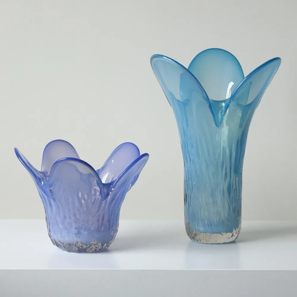 Iris Petal Cast Glass Vases in Misty Purple and Blue — front view