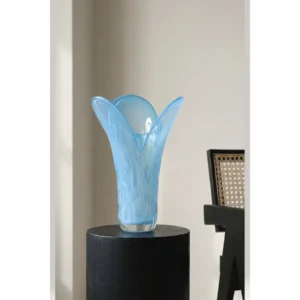 Iris Petal Cast Glass Vases in Misty Purple and Blue — in a room setting