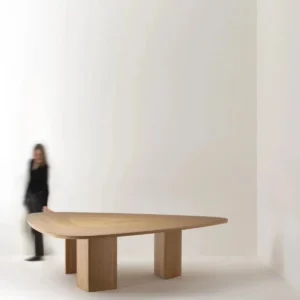 Gliding Oak Veneer Dining Table with Rounded Triangular Top in natural oak — front view
