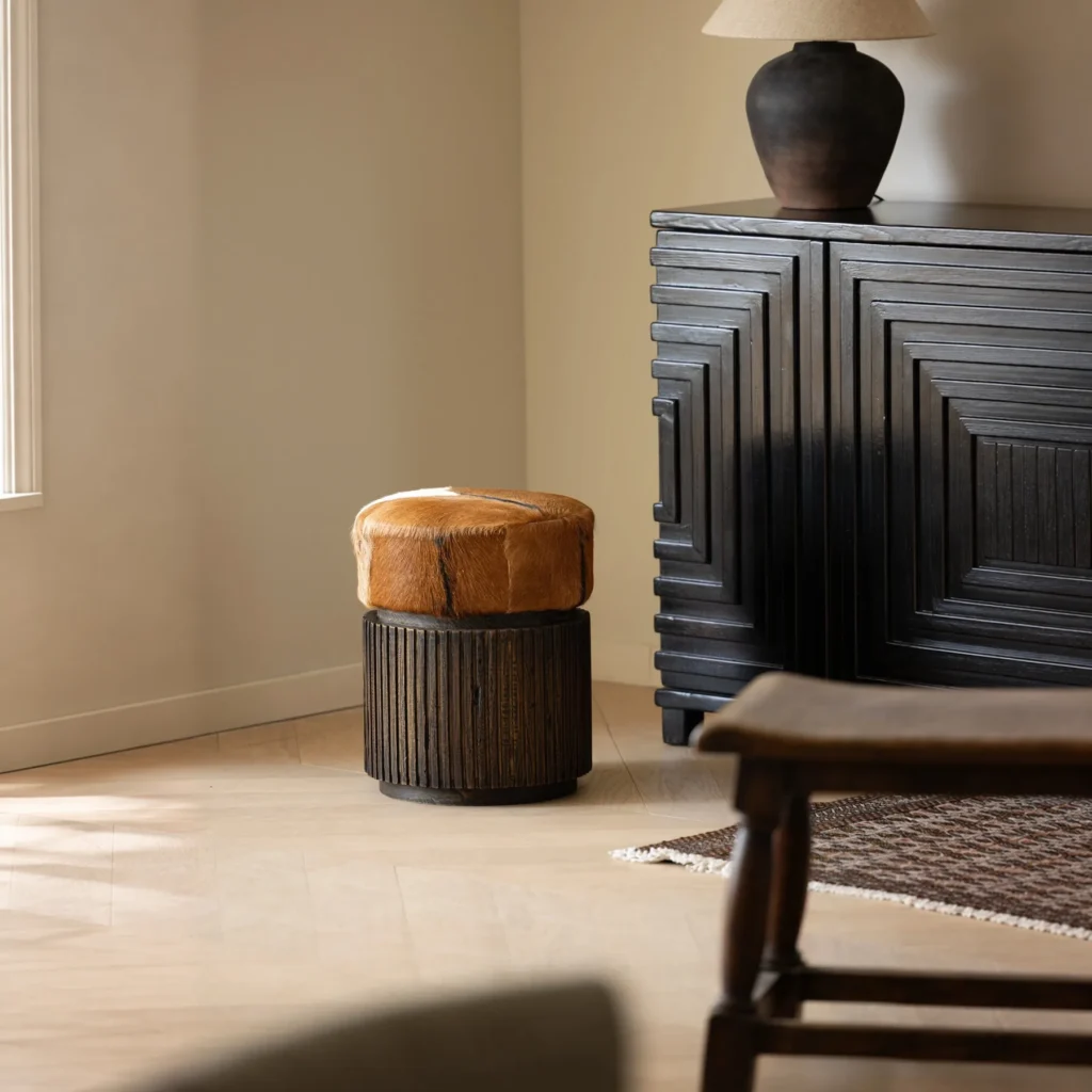Goat Hide Teak Drum Stool with Fluted Base in clay — front view