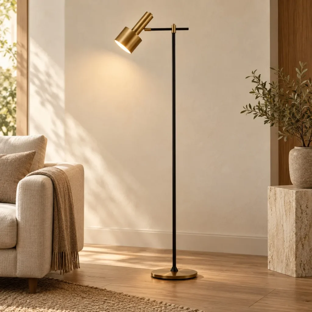 Gold Adjustable Cylinder Reading Floor Lamp on Black Stem in black — front view