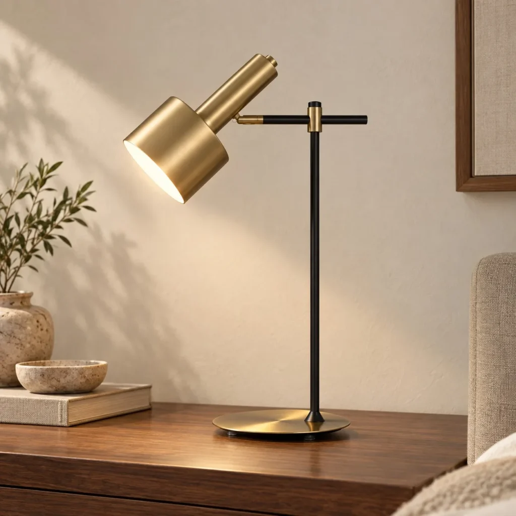 Brass Adjustable Spotlight Desk Lamp with Black Stem in brushed brass — front view