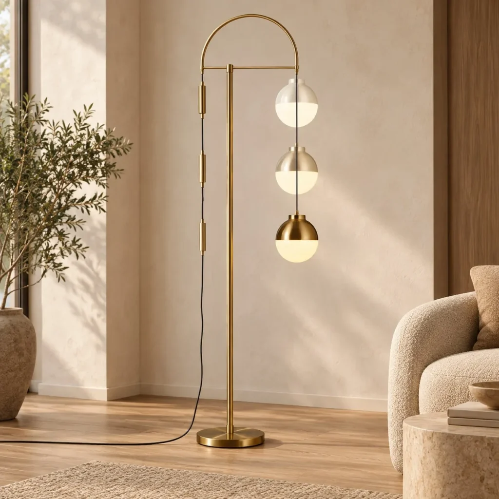 Gold Arc Floor Lamp with Three Glass Half-Domes in brushed brass — front view
