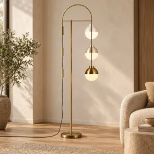 Gold Arc Floor Lamp with Three Glass Half-Domes in brushed brass — front view