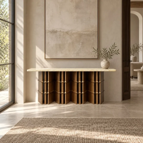 Bamboo-Node Long Console in oatmeal — in a room setting