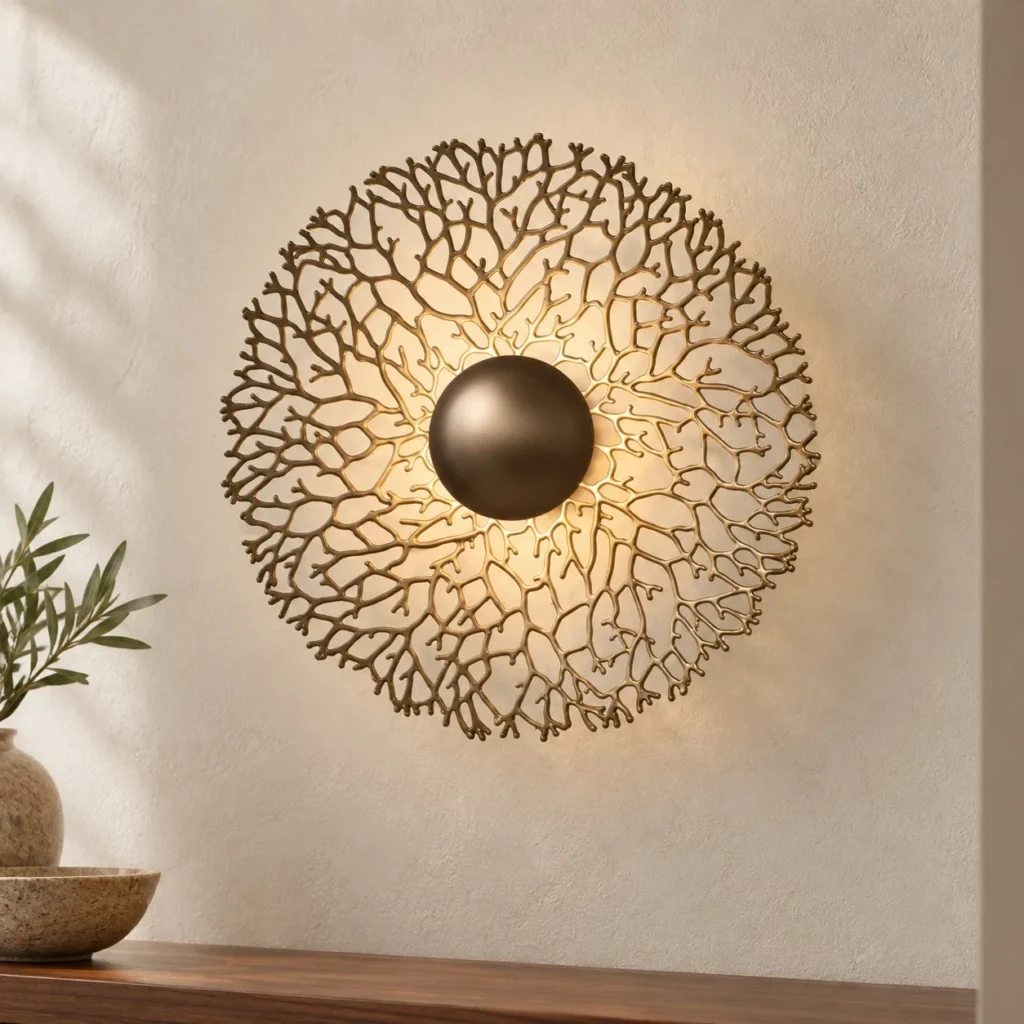 Gold Coral Lace Round Wall Light with Black Centre in brushed brass — front view