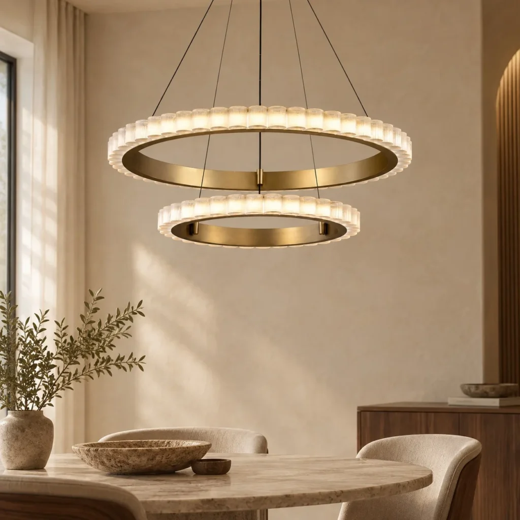 Gold Crystal Tube Double Ring Chandelier, 90 cm in brushed brass — front view