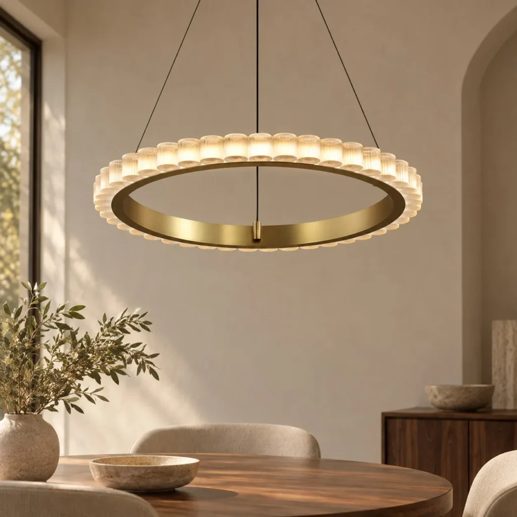 Gold Crystal Tube Single Ring Chandelier, 75 cm in brushed brass — front view