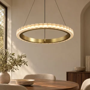 Gold Crystal Tube Single Ring Chandelier, 75 cm in brushed brass — front view