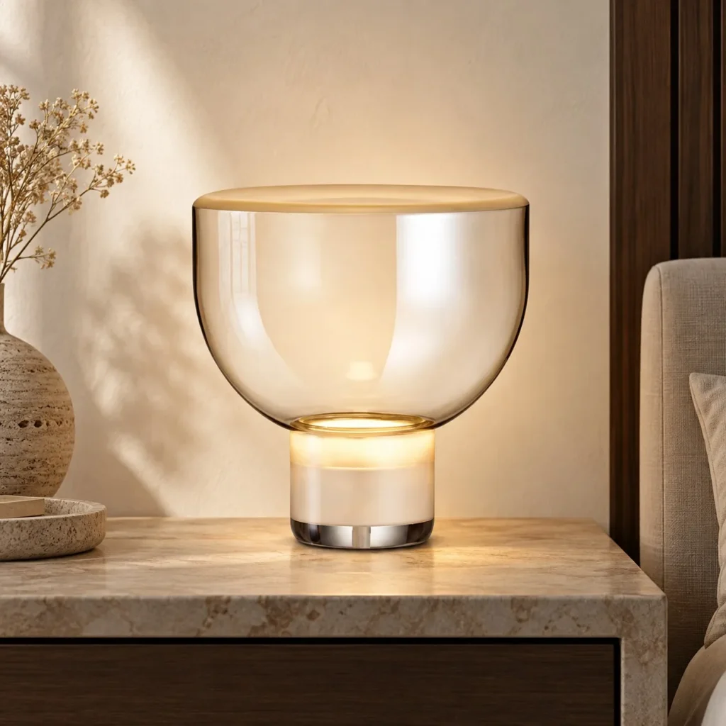 Amber Double Glass Bowl Table Lamp with Gold Base in brushed brass — front view