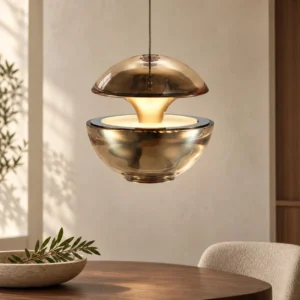 Gold Floating Globe Pendant Light in brushed brass — front view