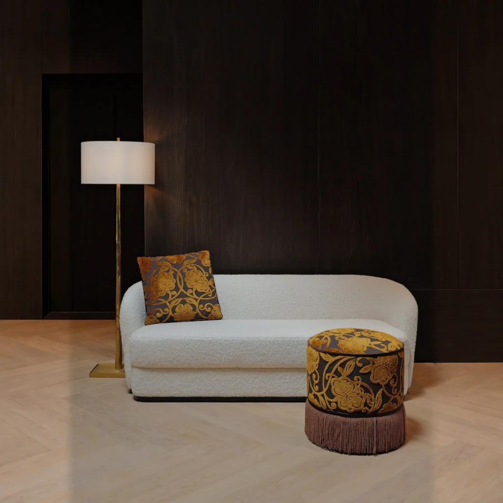 Gold Floral Velvet Fringe Pouf in velvet — front view