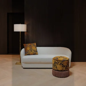 Gold Floral Velvet Fringe Pouf in velvet — front view