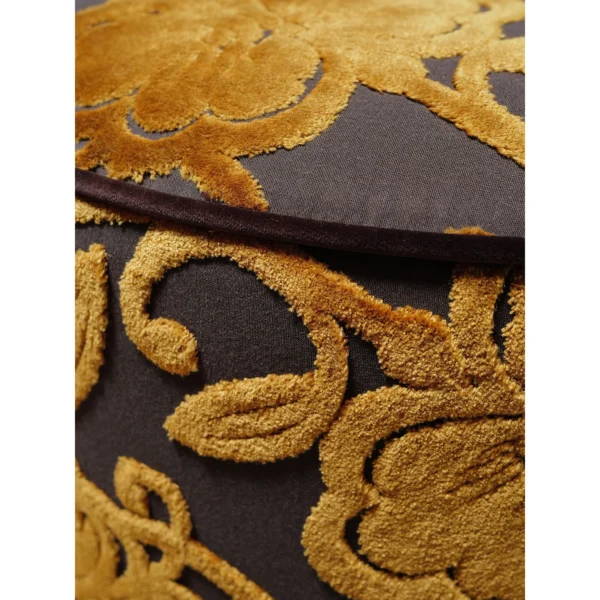 Gold Floral Cut Velvet Pouf with Fringe in brushed brass — in a room setting