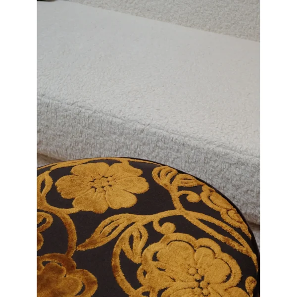 Gold Floral Cut Velvet Pouf with Fringe in brushed brass — in a room setting