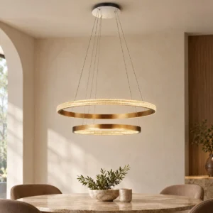 Gold Halo Double Ring Chandelier, 65 or 85 cm in brushed brass — front view