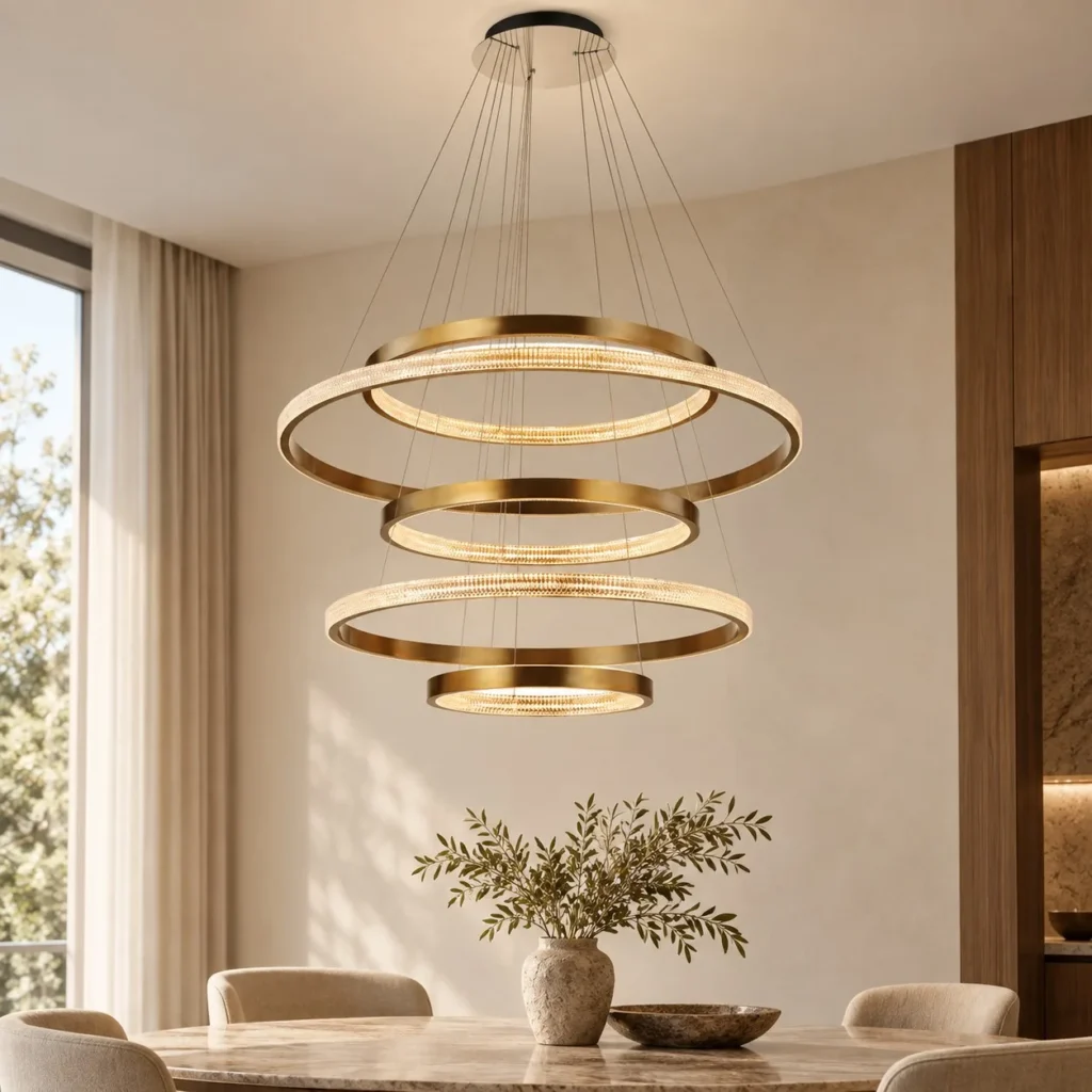 Gold Halo Five Ring Chandelier, 108 cm in brushed brass — front view
