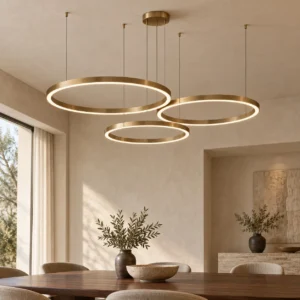 Gold Halo Flat Triple Ring Chandelier, 166 cm in brushed brass — front view