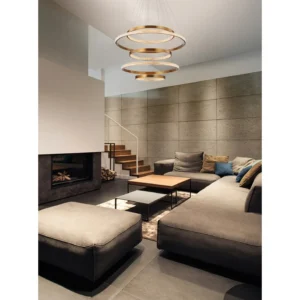 Gold Halo Flat Triple Ring Chandelier, 166 cm in brushed brass — in a room setting