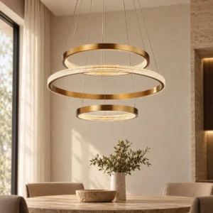 Gold Halo Triple Ring Chandelier, 85 or 108 cm in brushed brass — front view