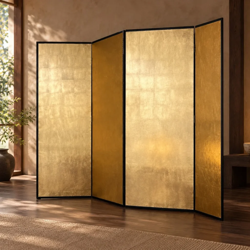 Hand-Beaten Gold Leaf Three-Panel Folding Screen in brushed brass — front view
