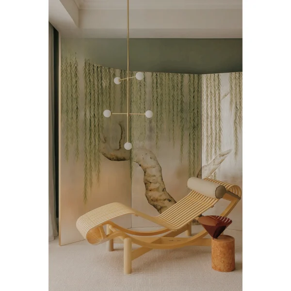 Hand-Beaten Gold Leaf Three-Panel Folding Screen in brushed brass — in a room setting