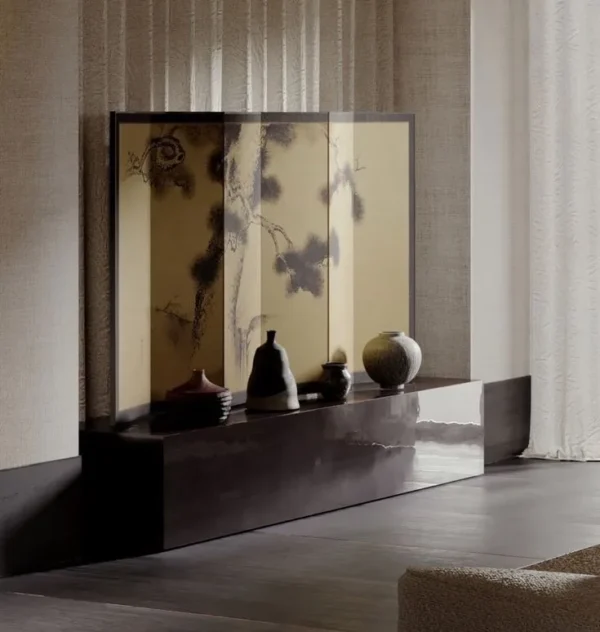 Hand-Beaten Gold Leaf Three-Panel Folding Screen in brushed brass — in a room setting