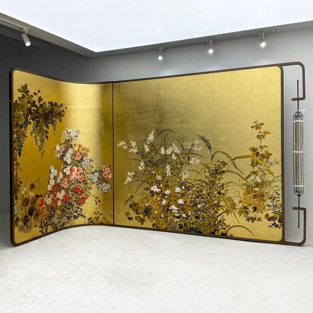 Gold-Leaf Floral Folding Screen with Metal Frame in brushed brass — front view