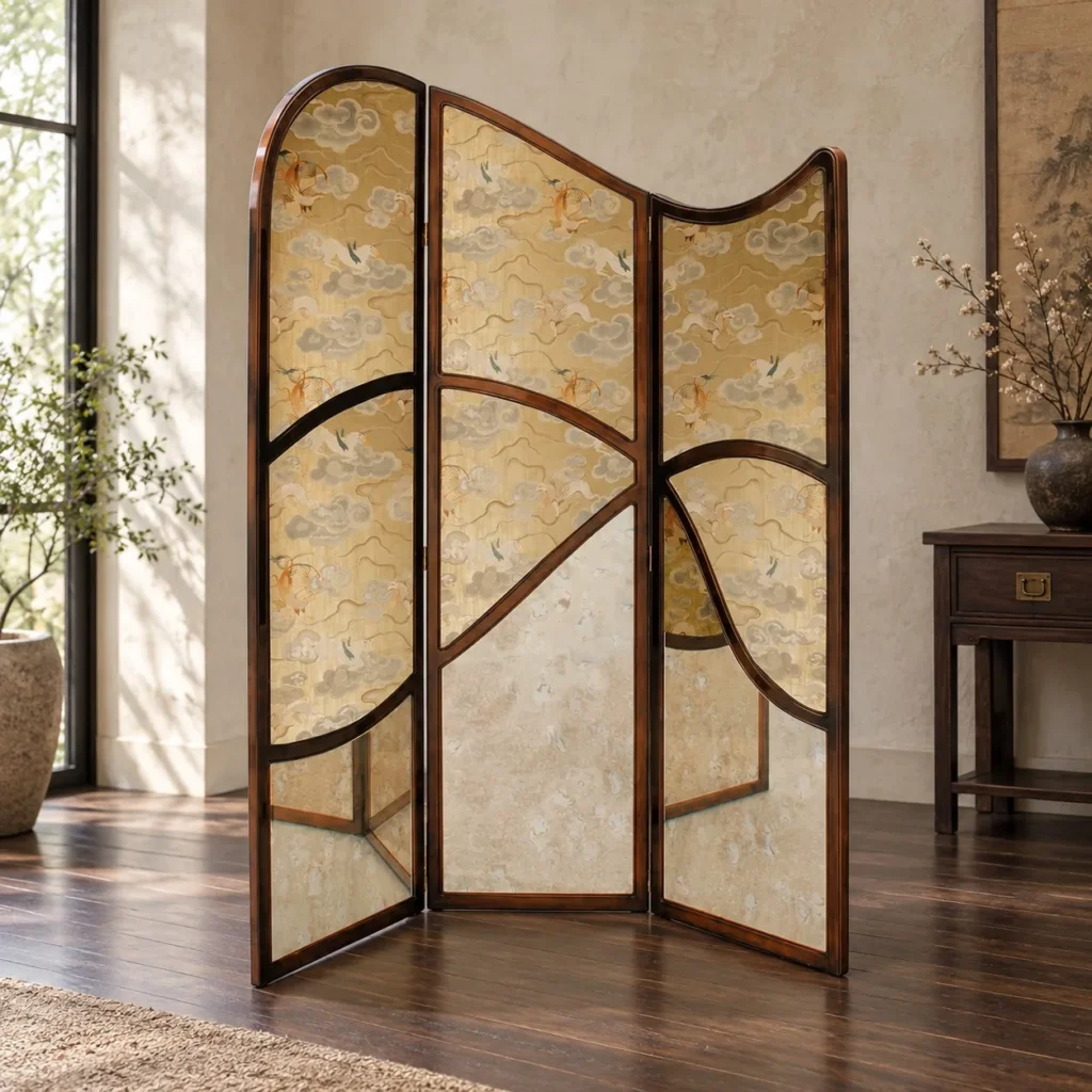 Gold Leaf and Walnut Cloud-Crane Folding Screen in brushed brass — front view