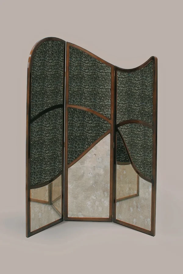 Gold Leaf and Walnut Cloud-Crane Folding Screen in brushed brass — in a room setting