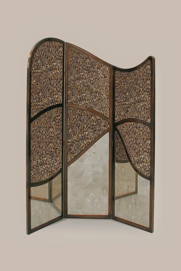 Gold Leaf and Walnut Cloud-Crane Folding Screen in brushed brass — in a room setting