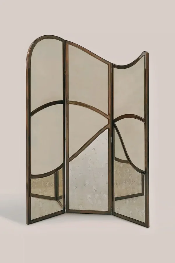 Gold Leaf and Walnut Cloud-Crane Folding Screen in brushed brass — in a room setting