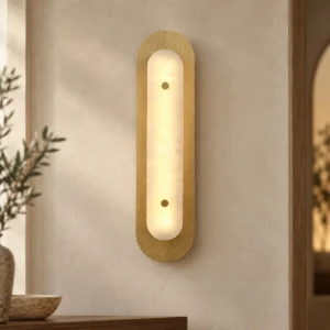 Gold Mesh Alabaster-Look Oblong Wall Light in brushed brass — front view