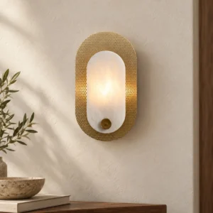 Gold Mesh Oblong Wall Light with Alabaster-Look Panel in brushed brass — front view