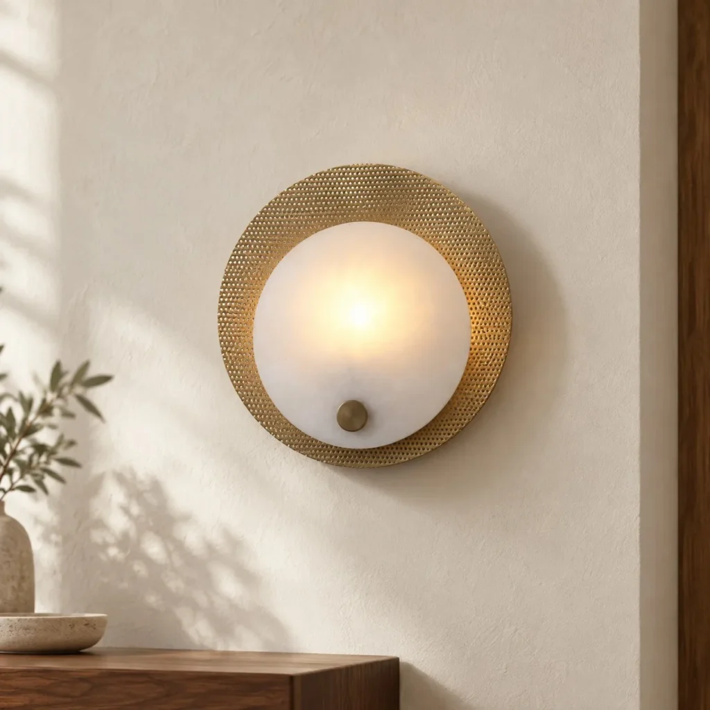Gold Mesh Round Wall Light with Alabaster-Look Disc in brushed brass — front view
