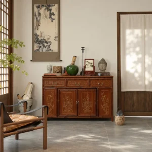 Gilt-Painted Bird and Flower Four-Door Sideboard in clay — in a room setting