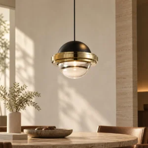 Gold Rim Saucer Pendant Light with Black Top, 13 cm in black — front view