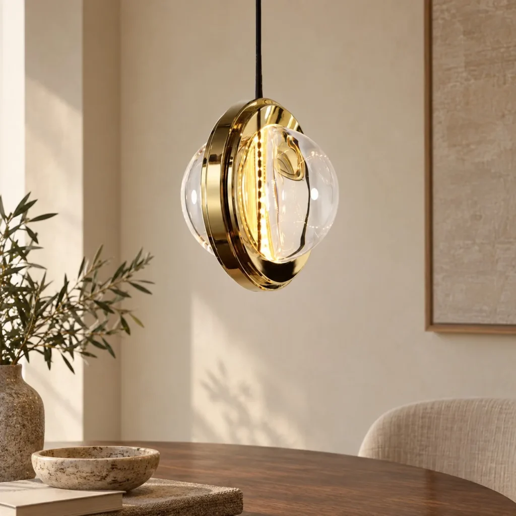 Gold Rim Vertical Glass Disc Pendant Light in brushed brass — front view