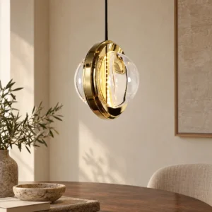 Gold Rim Vertical Glass Disc Pendant Light in brushed brass — front view