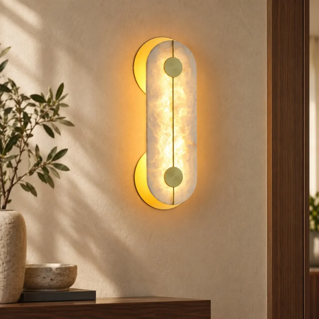 Gold Rim Alabaster-Look Column Wall Light in brushed brass — front view