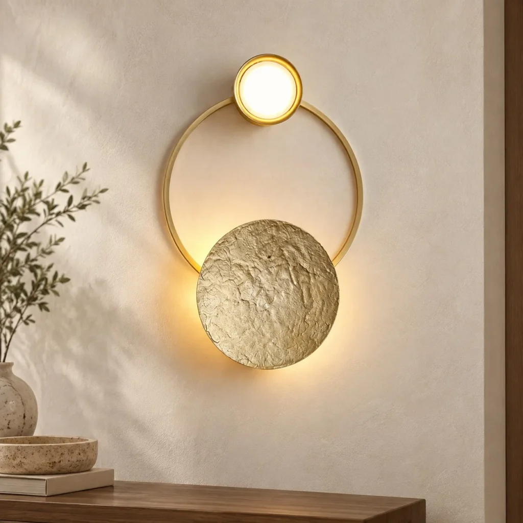 Brass Ring Wall Light with Textured Stone Disc in brushed brass — front view